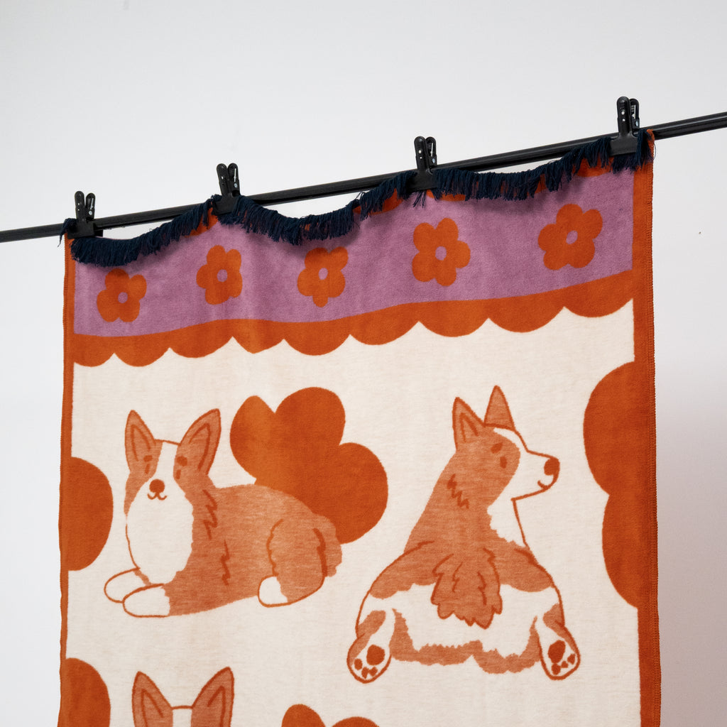 gruby koc bawełniany żakardowy wzór rasy Corgi detale góra frędzle